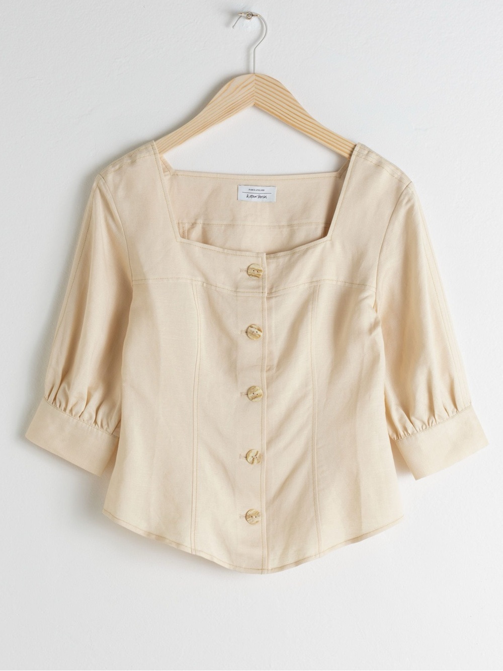 & Other Stories Cream Square-Neck Button Front Linen Blend Top